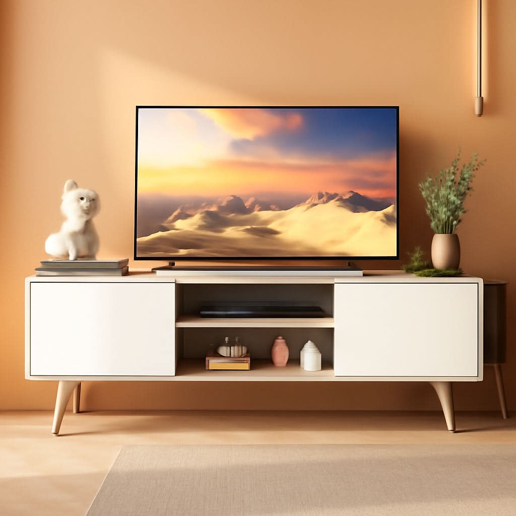 Boho TV Stand 55 To 60 Inch Greige White Sleek Design