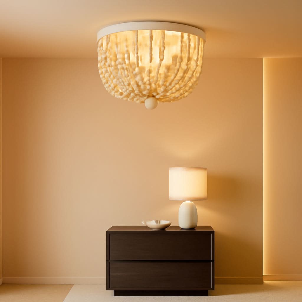Boho Wood Beaded Flush Mount Chandelier Oak Finish 2 Lights
