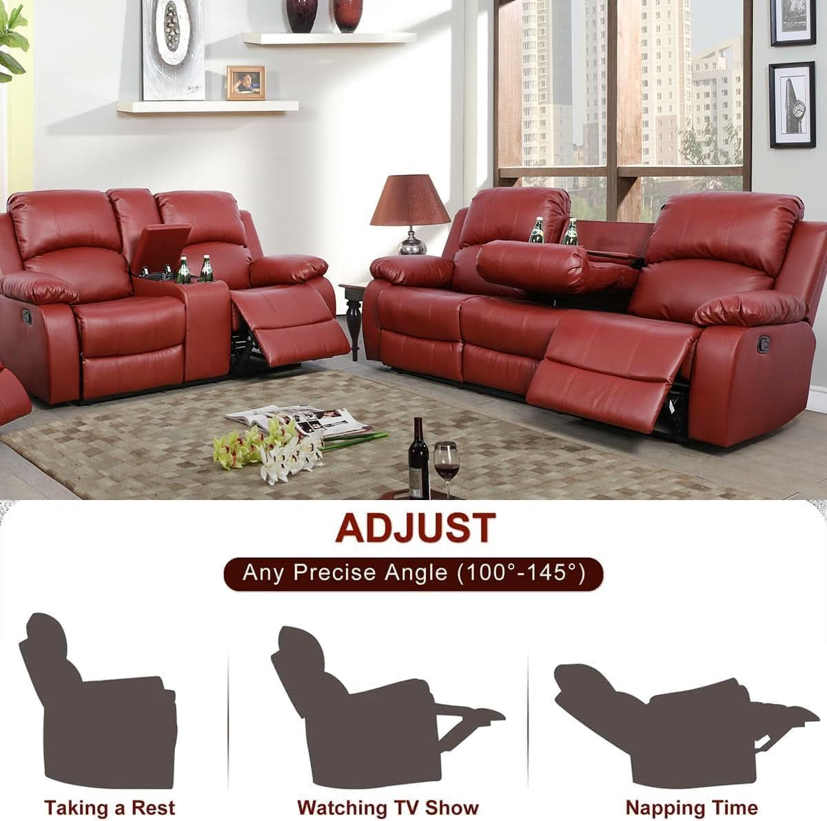 Bonded Leather Living Room Sofa And Loveseat Red Recliner