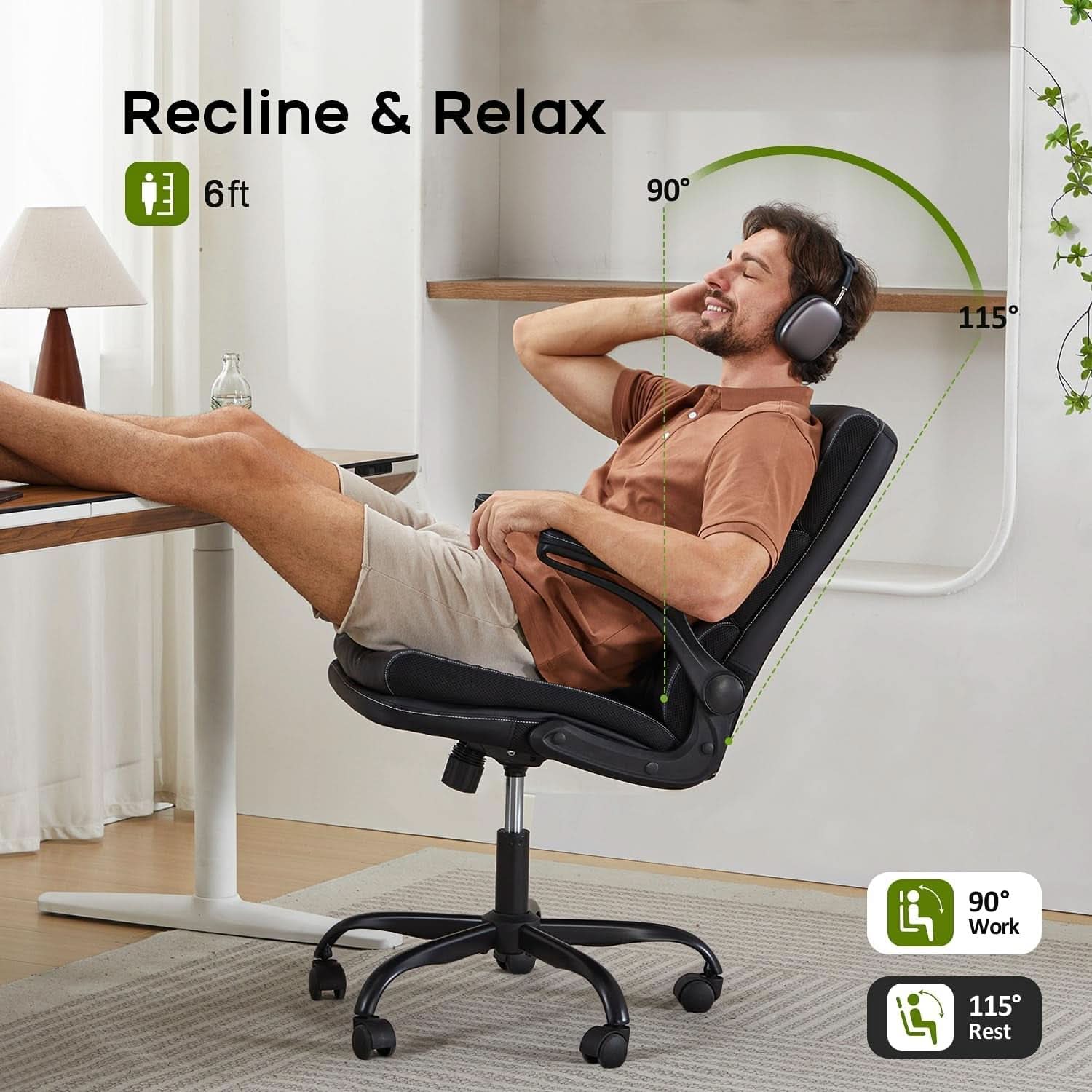 Bonded Leather Office Chair With Flip Up Arms Black