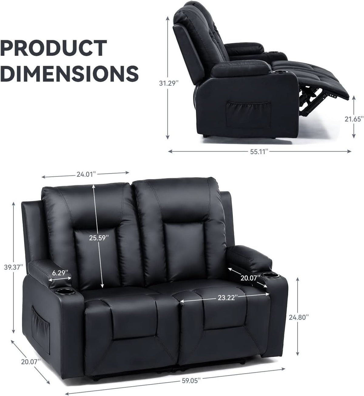 Bonded Leather Recliner Sofa Set Black With Cup Holder
