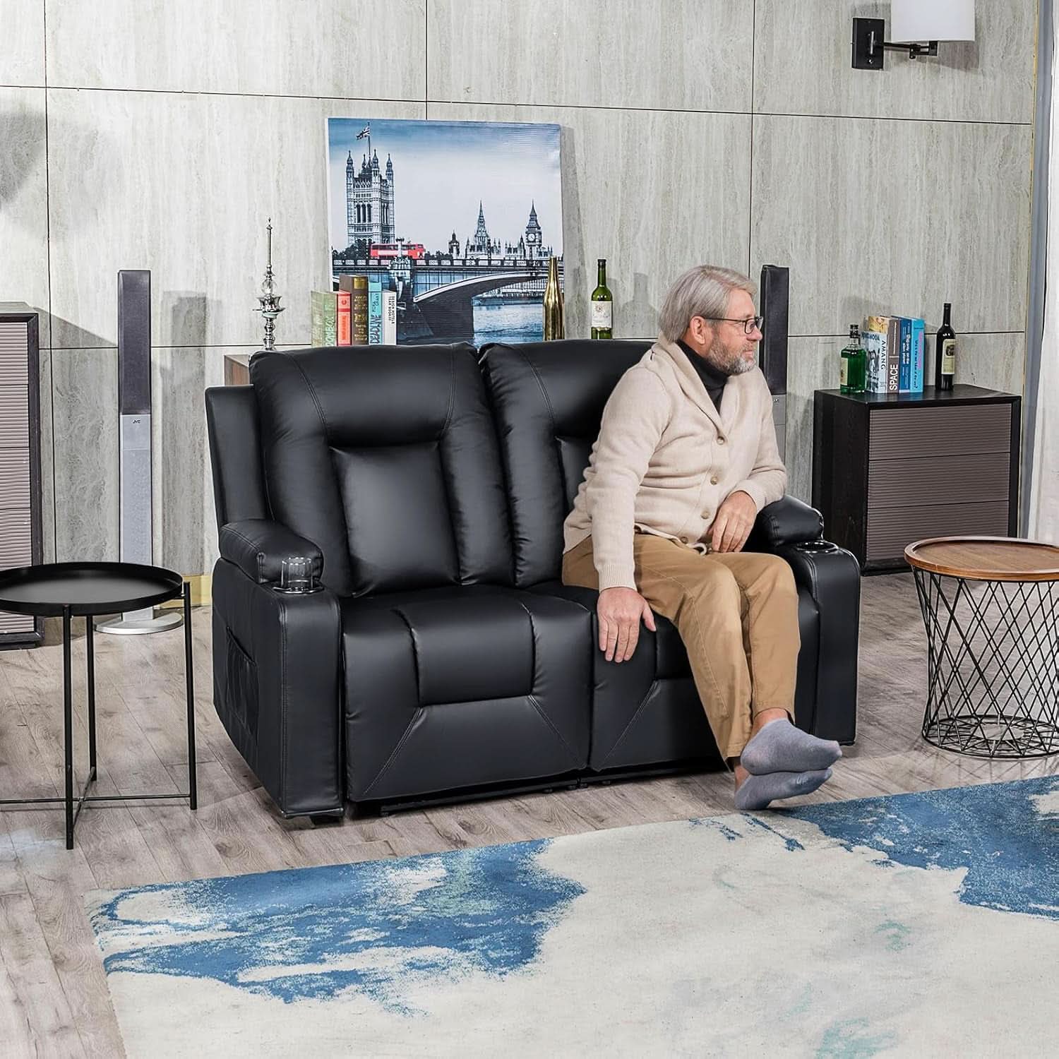 Bonded Leather Recliner Sofa Set Black With Cup Holder