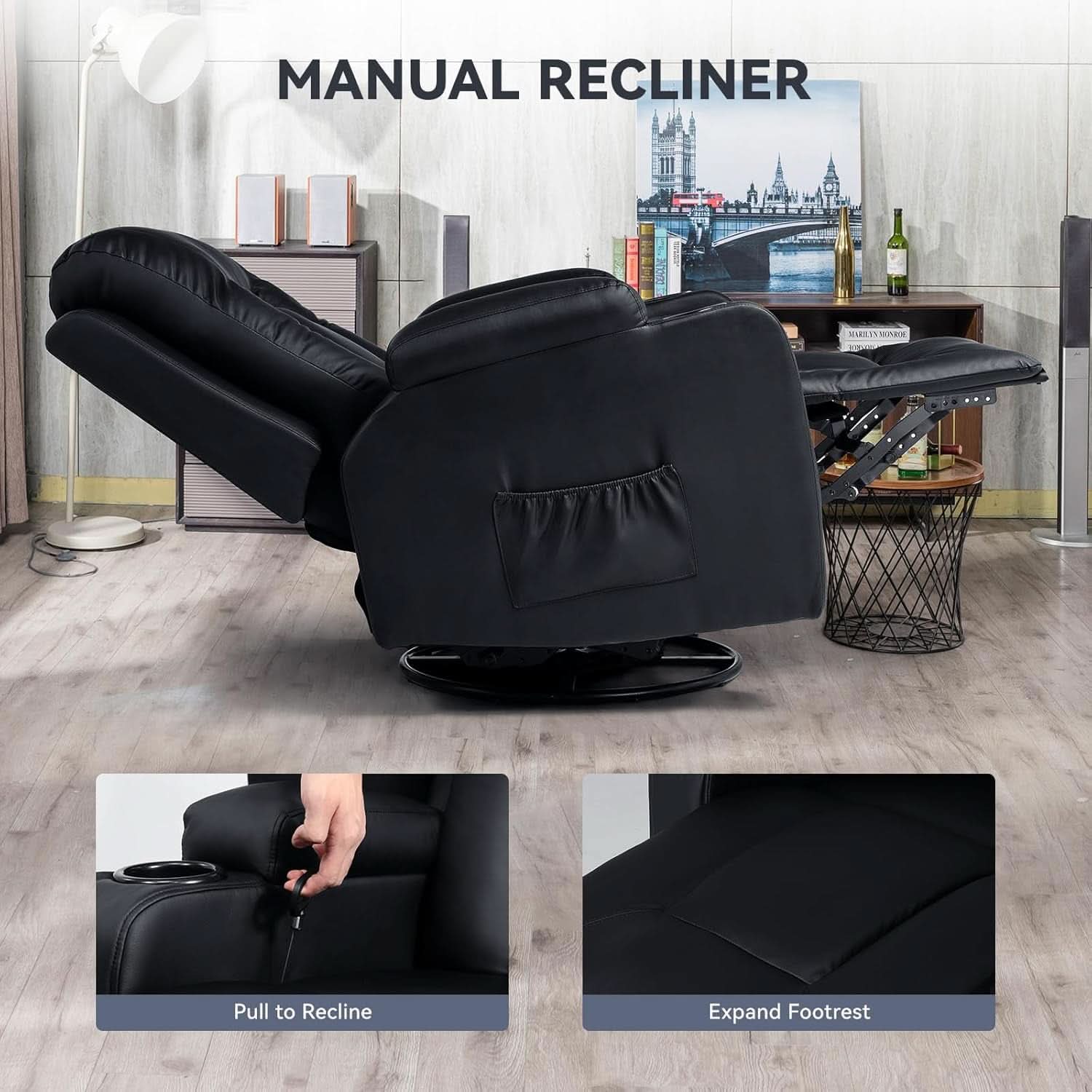 Bonded Leather Recliner Sofa Set Black With Cup Holder