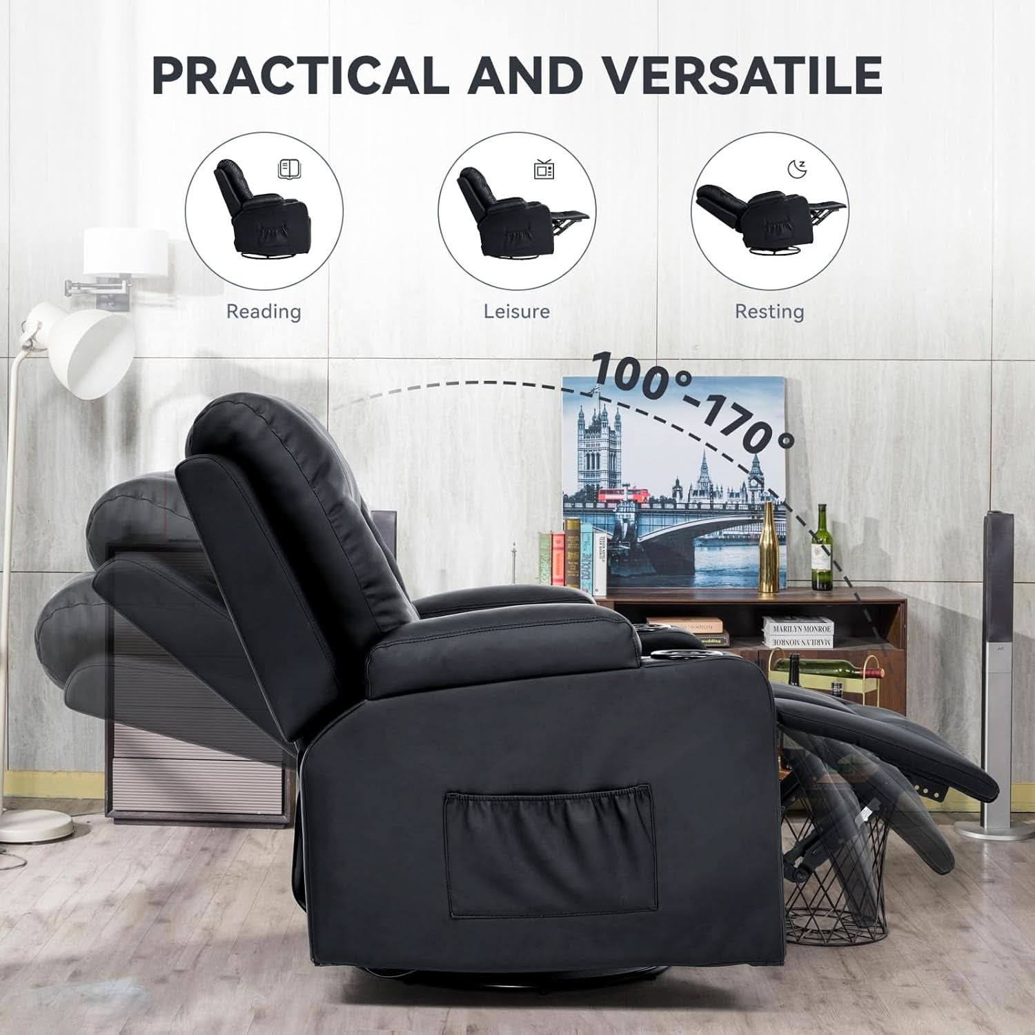 Bonded Leather Recliner Sofa Set Black With Cup Holder