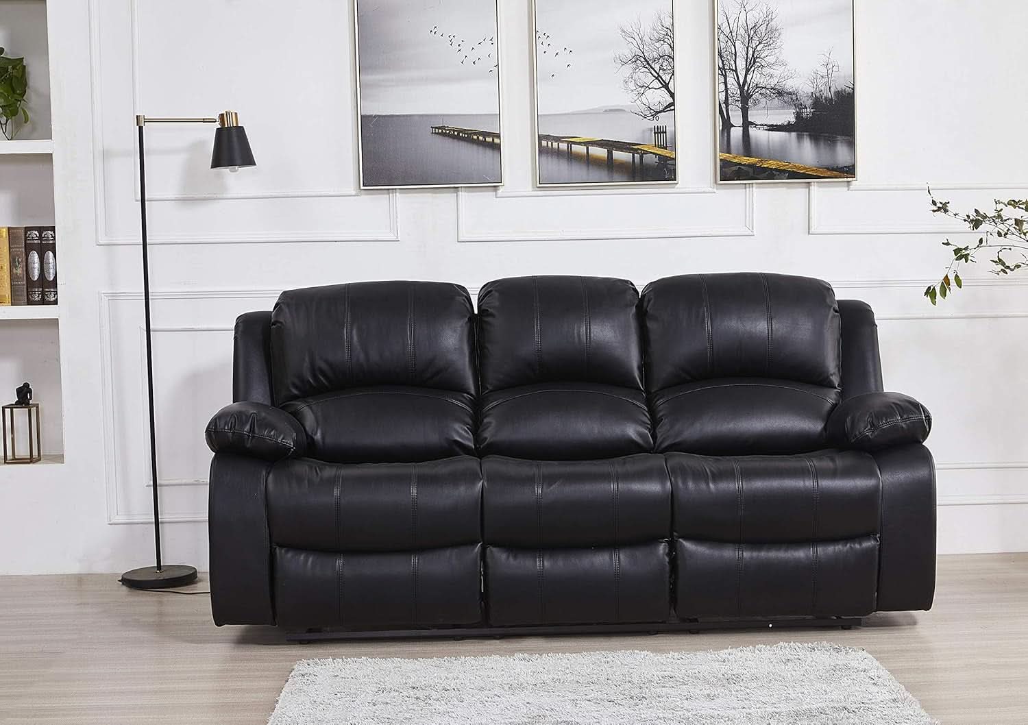 Bonded Leather Reclining Glider Sofa Set Black 3 Piece
