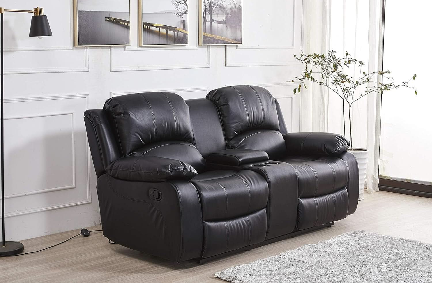 Bonded Leather Reclining Glider Sofa Set Black 3 Piece