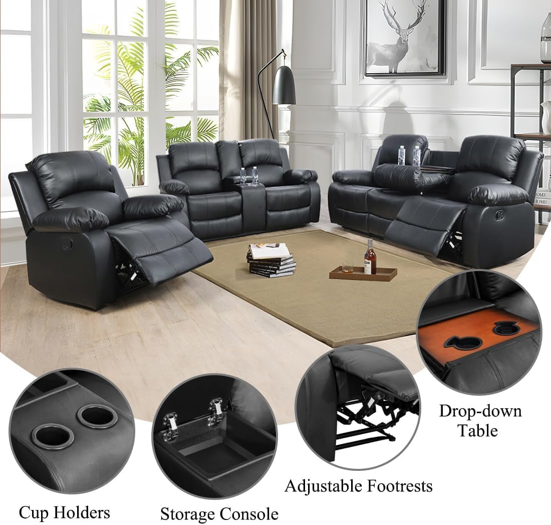 Bonded Leather Reclining Sofa Set With Cup Holders