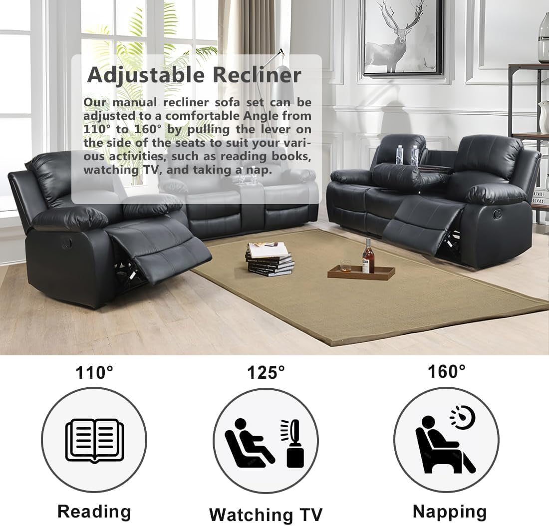 Bonded Leather Reclining Sofa Set With Cup Holders