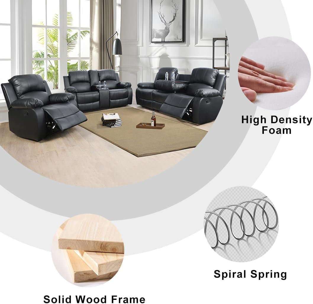 Bonded Leather Reclining Sofa Set With Cup Holders