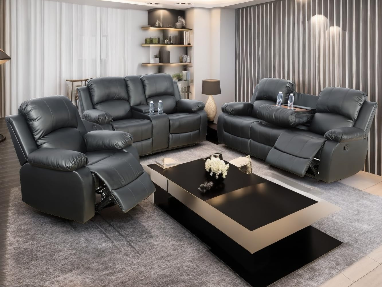 Bonded Leather Reclining Sofa Set With Cup Holders