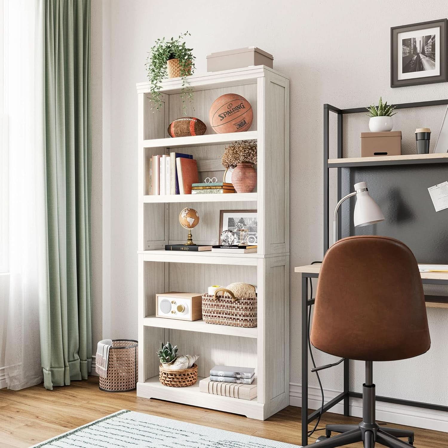 Bookcase 68 Inch Tall White Oak Home Office Storage Shelves
