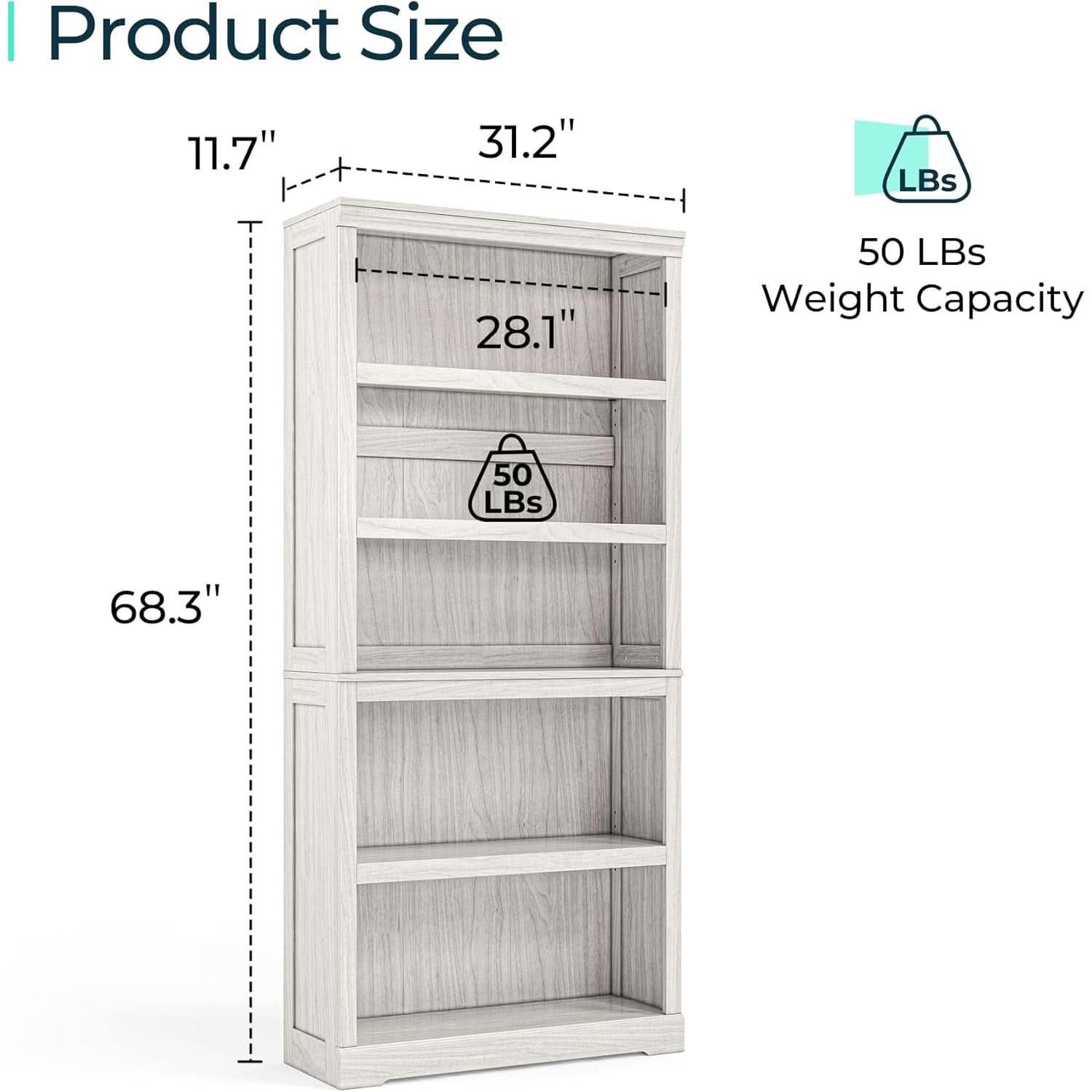 Bookcase 68 Inch Tall White Oak Home Office Storage Shelves