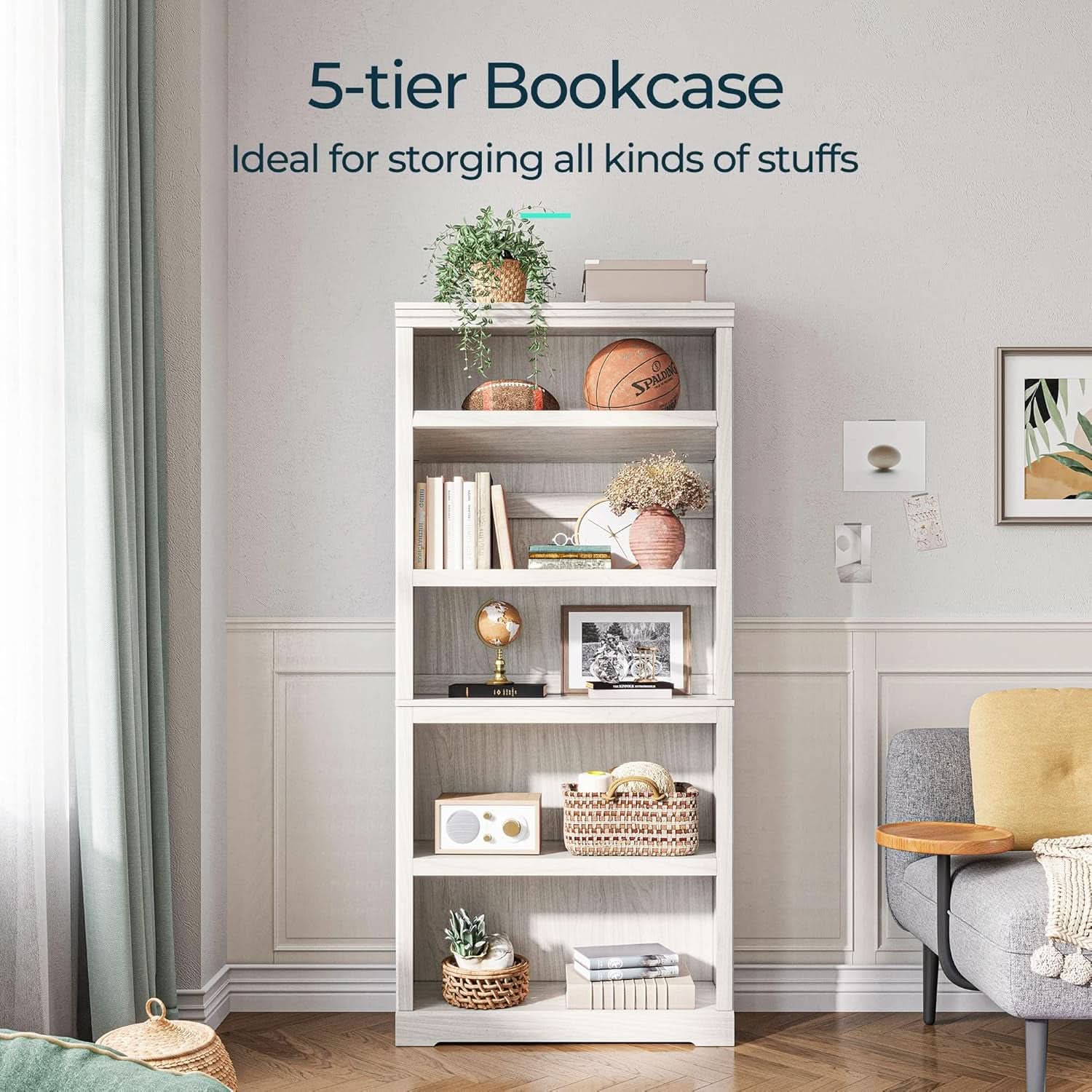 Bookcase 68 Inch Tall White Oak Home Office Storage Shelves