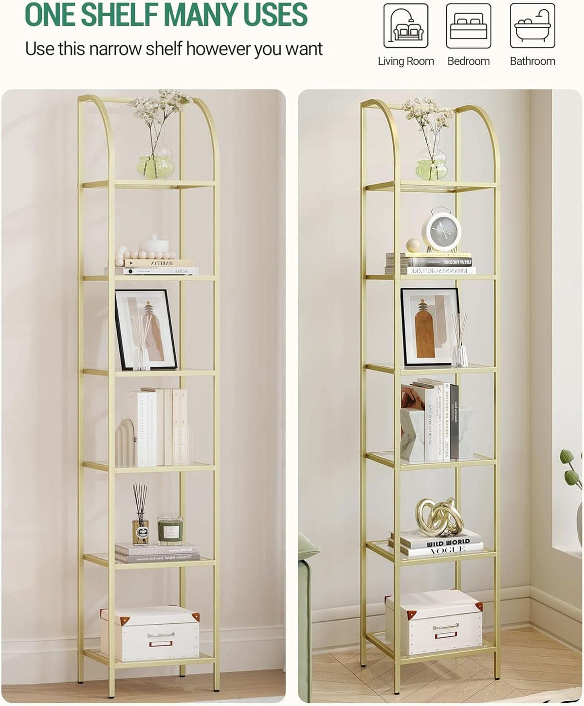 Bookcase Bookshelf 6 Tier Gold Tempered Glass Arched Top
