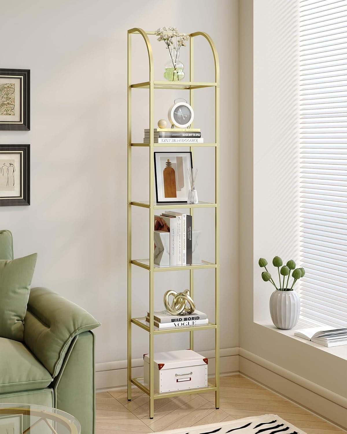 Bookcase Bookshelf 6 Tier Gold Tempered Glass Arched Top