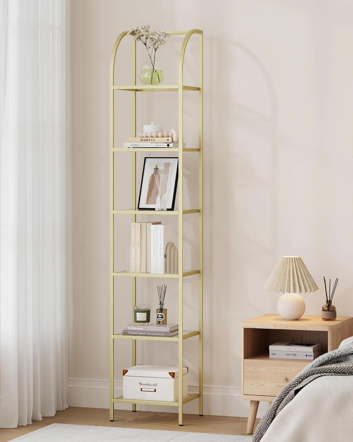Bookcase Bookshelf 6 Tier Gold Tempered Glass Arched Top
