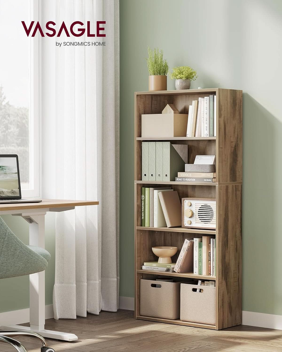 Bookshelf 23.6 Wide 5 Tier Adjustable Bookcase Camel Brown