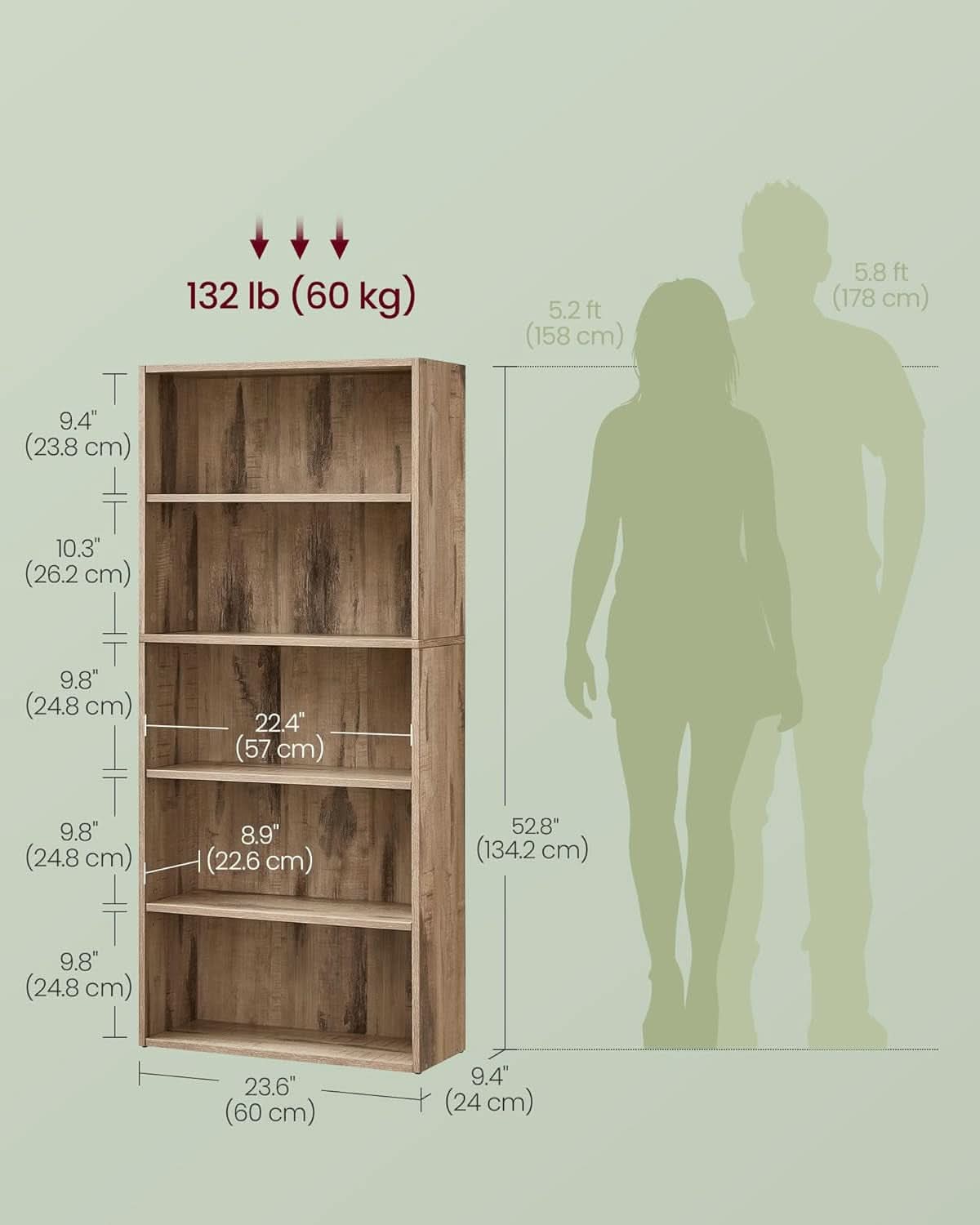 Bookshelf 23.6 Wide 5 Tier Adjustable Bookcase Camel Brown