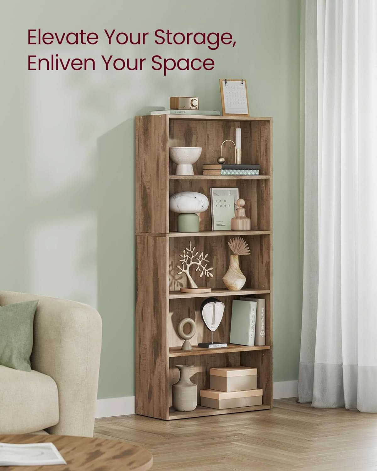 Bookshelf 23.6 Wide 5 Tier Adjustable Bookcase Camel Brown