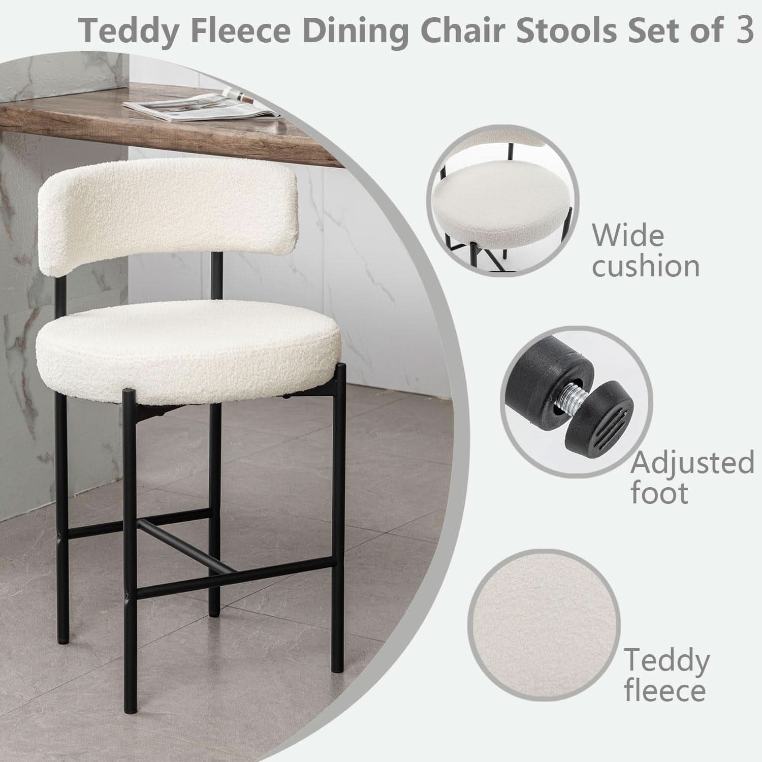Boucle Bar Stools Set Of 3 24 Inch White Upholstered Counter Stools With Backs
