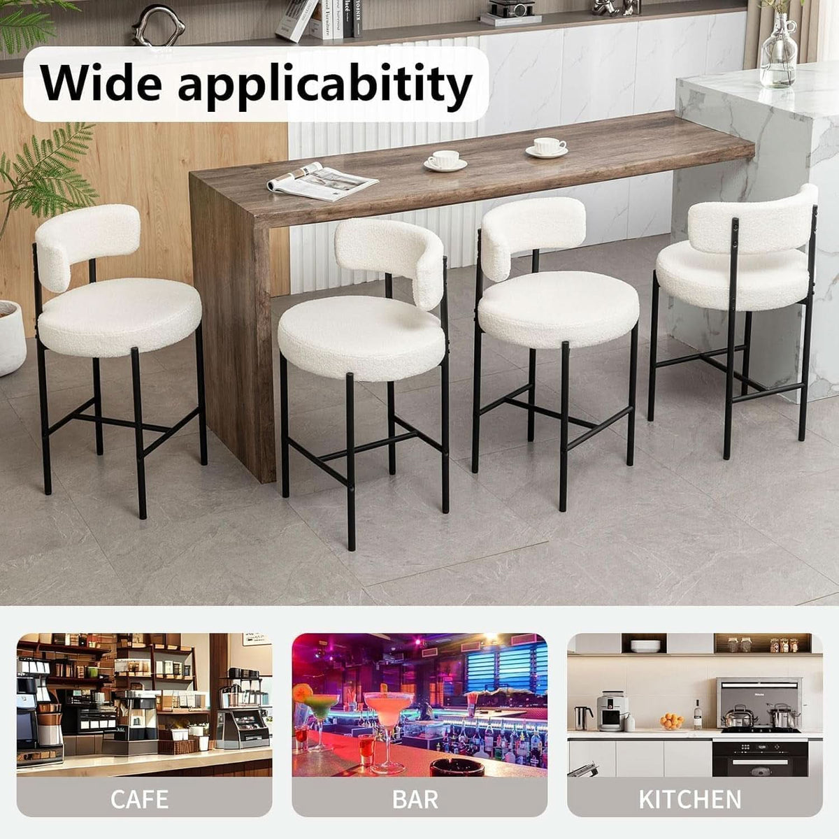 Boucle Bar Stools Set Of 3 24 Inch White Upholstered Counter Stools With Backs