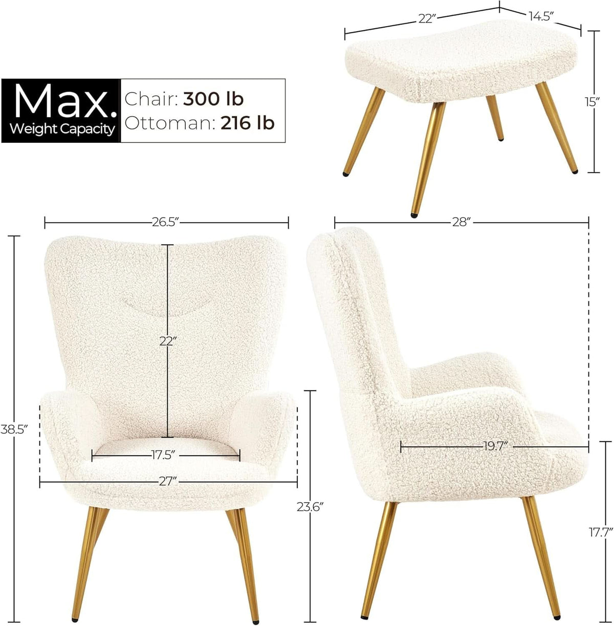 Boucle Upholstered Accent Armchair And Ottoman Ivory