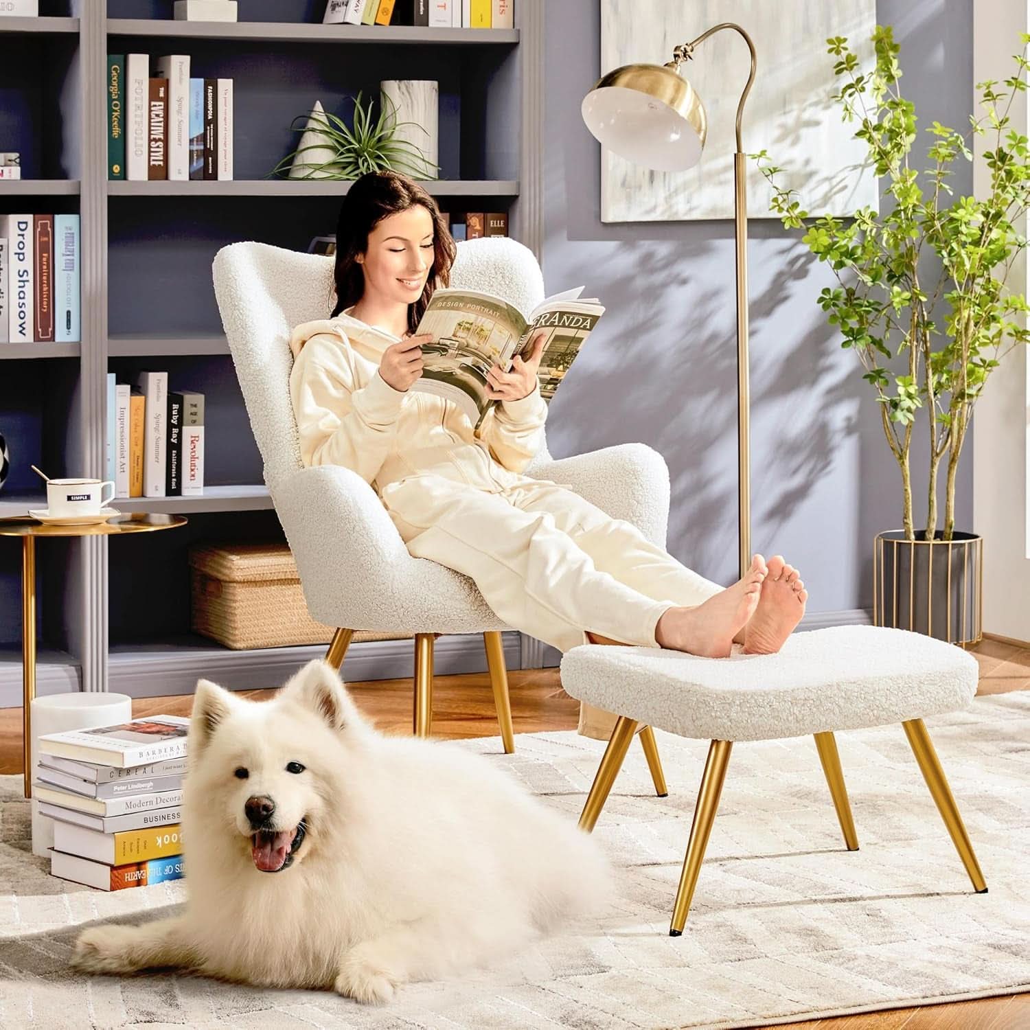 Boucle Upholstered Accent Armchair And Ottoman Ivory