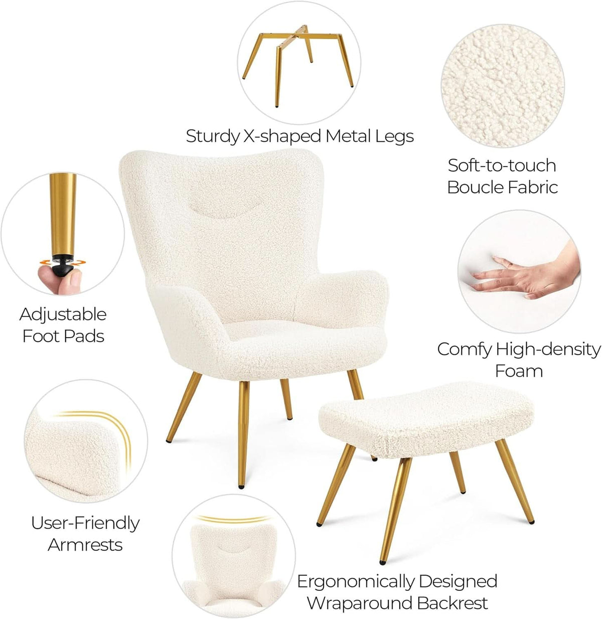 Boucle Upholstered Accent Armchair And Ottoman Ivory