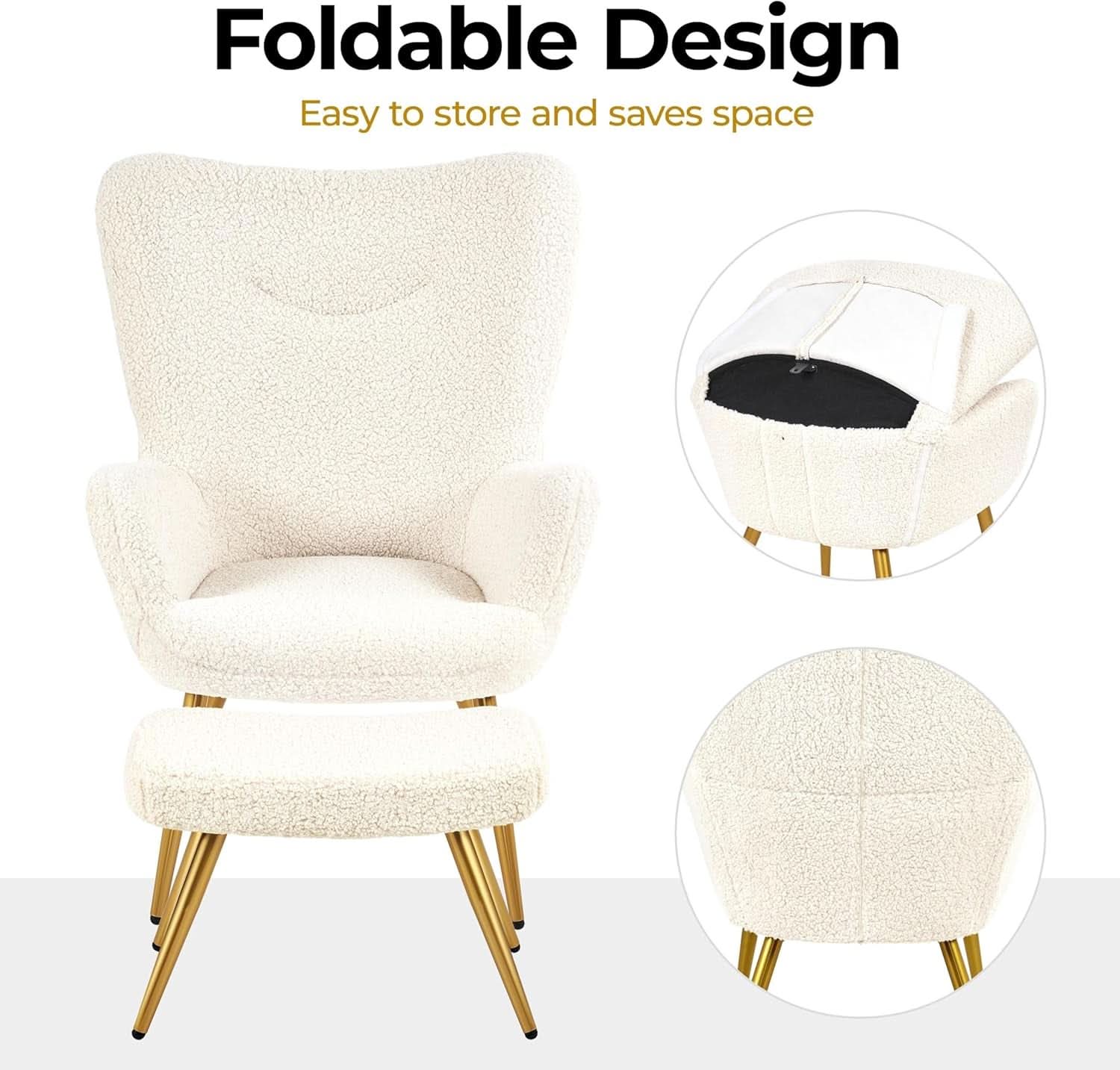 Boucle Upholstered Accent Armchair And Ottoman Ivory
