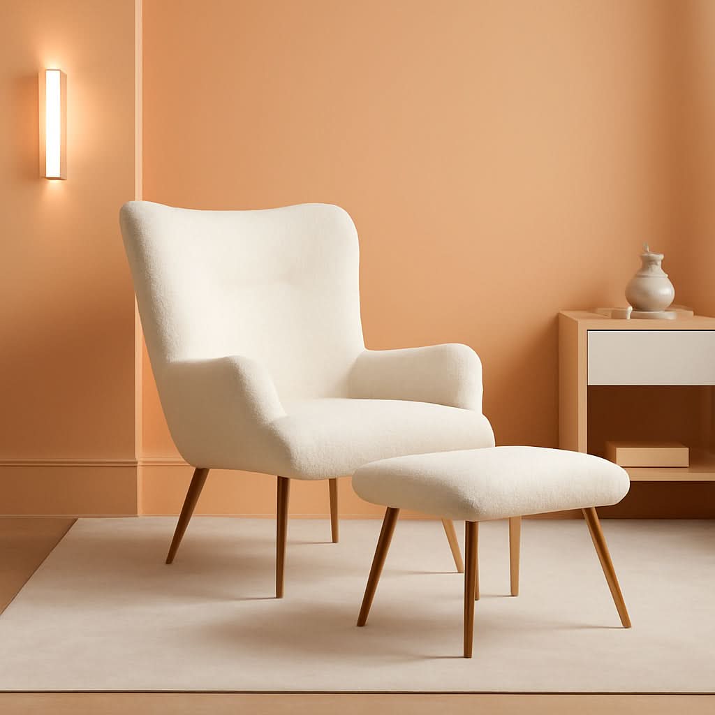 Boucle Upholstered Accent Armchair And Ottoman Ivory