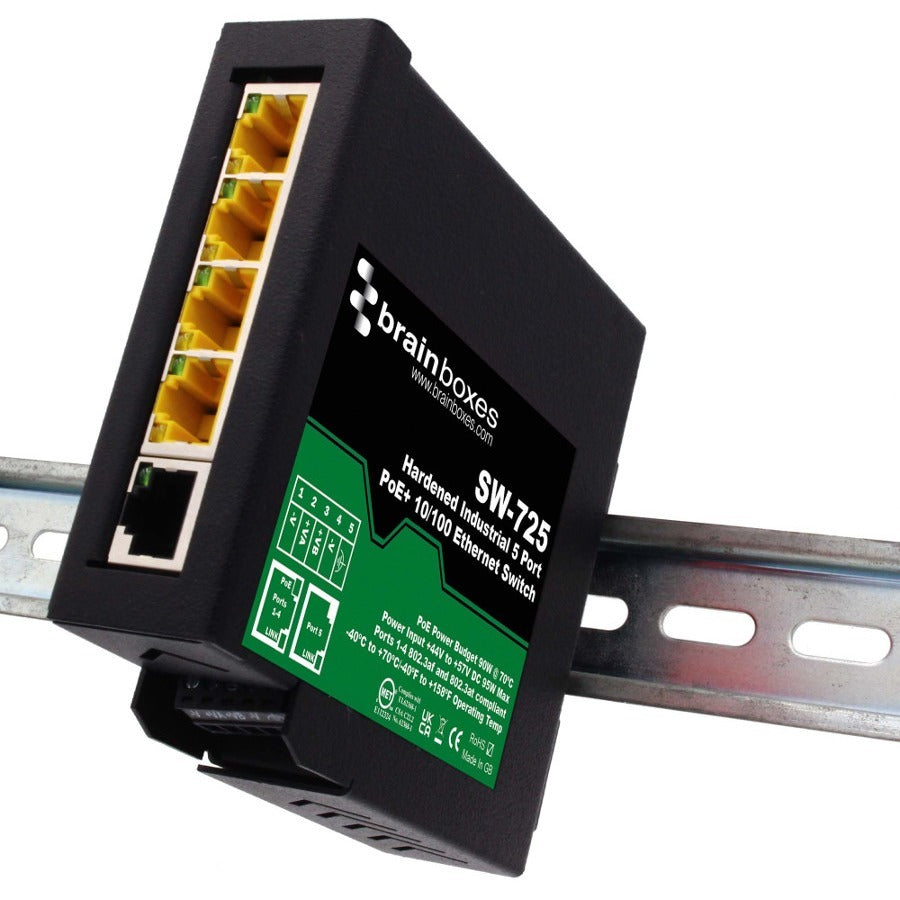 Brainboxes Hardened Industrial 5 Port Poe+ 10/100 Ethernet Switch
