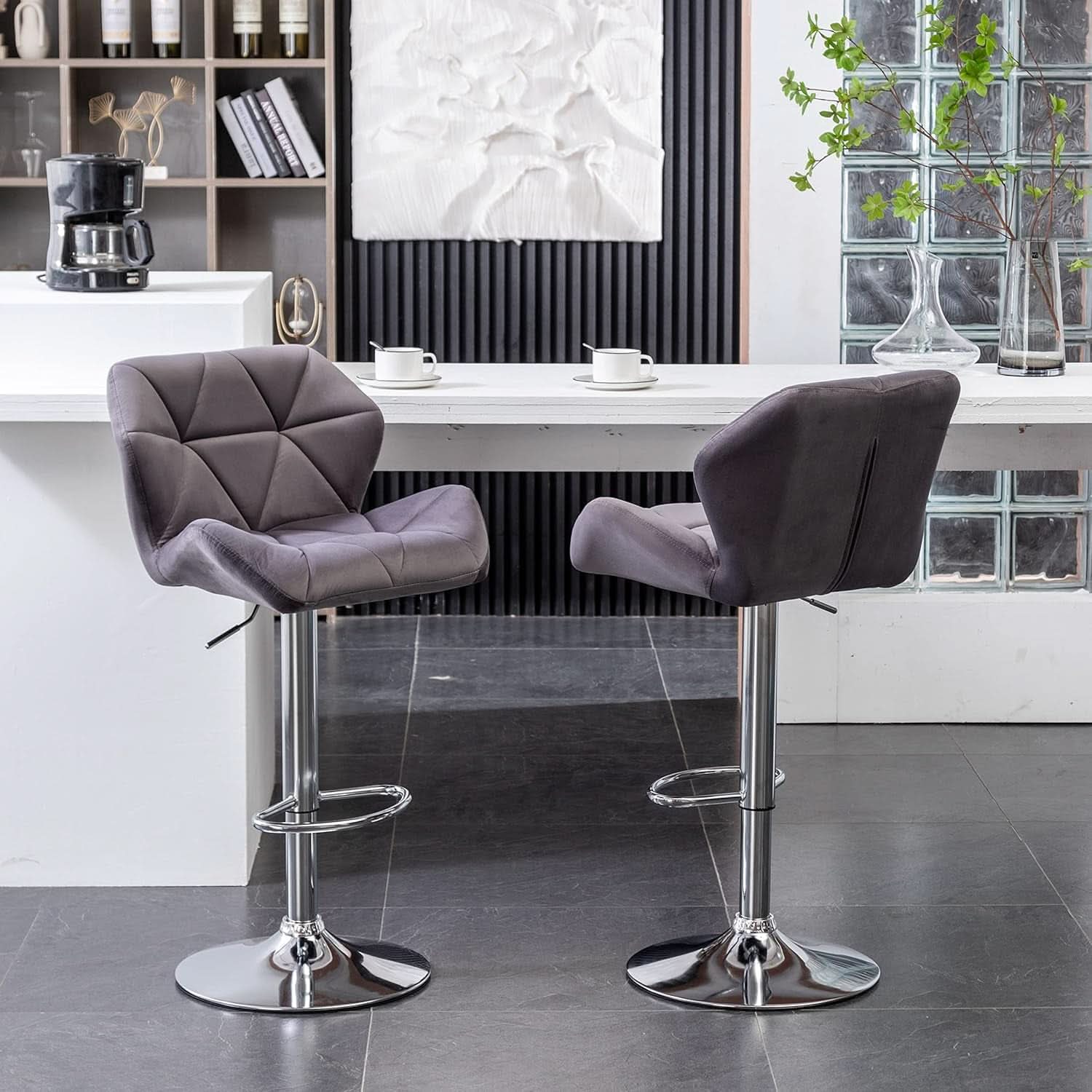 Breni Velvet Diamond Tufted Swivel Adjustable Height Bar Stool Set Of 2 Gray