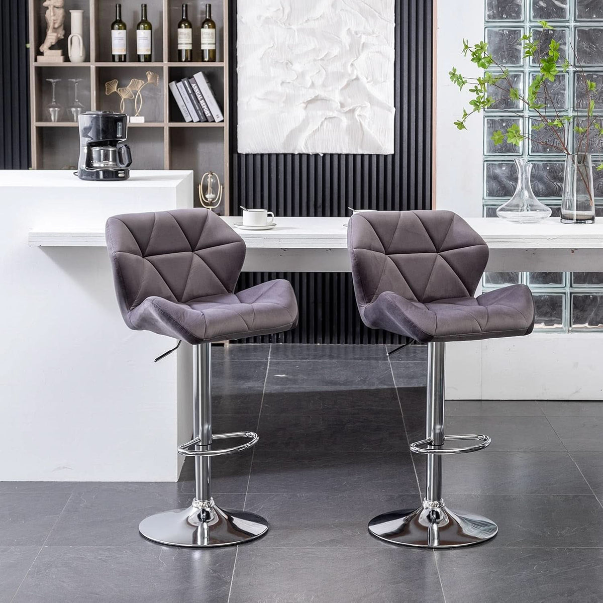Breni Velvet Diamond Tufted Swivel Adjustable Height Bar Stool Set Of 2 Gray