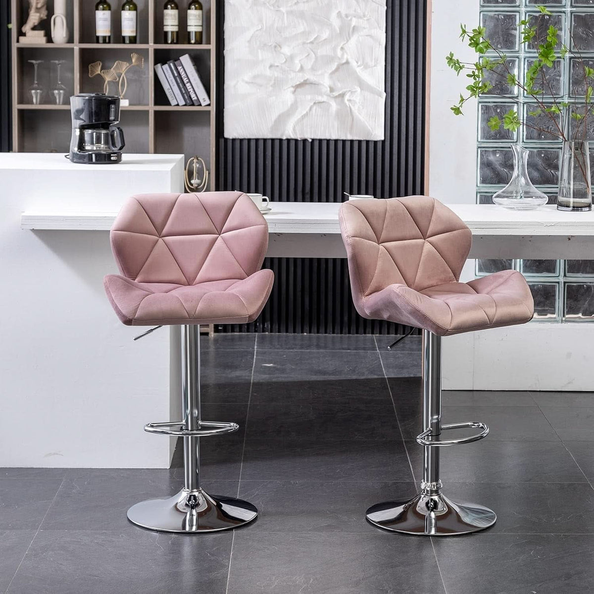Breni Velvet Diamond Tufted Swivel Bar Stool Set Of 2 Mauve