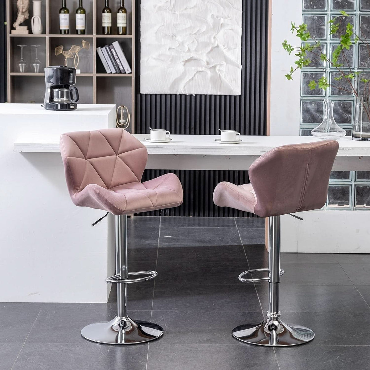 Breni Velvet Diamond Tufted Swivel Bar Stool Set Of 2 Mauve