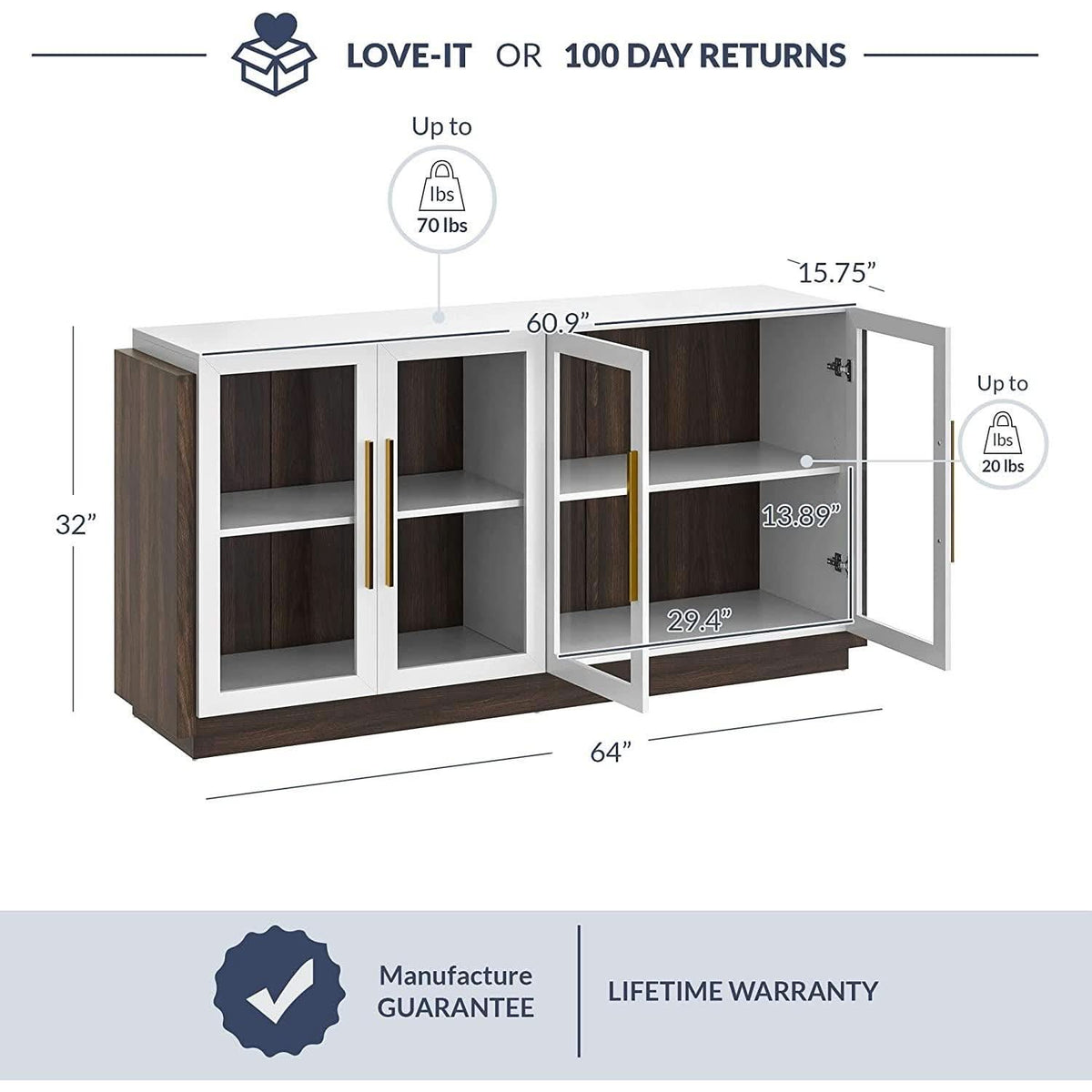 Brixston Modern Wood Glass Buffet Cabinet 64 Inch Wide