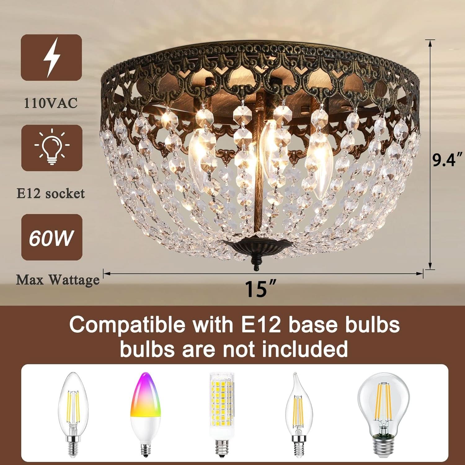 Bronze Crystal 15 Inch Four Light Flush Mount Ceiling Light