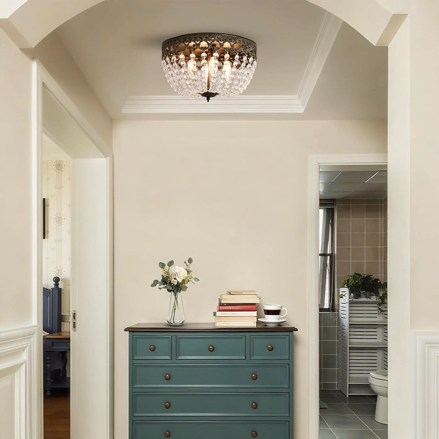 Bronze Crystal 15 Inch Four Light Flush Mount Ceiling Light