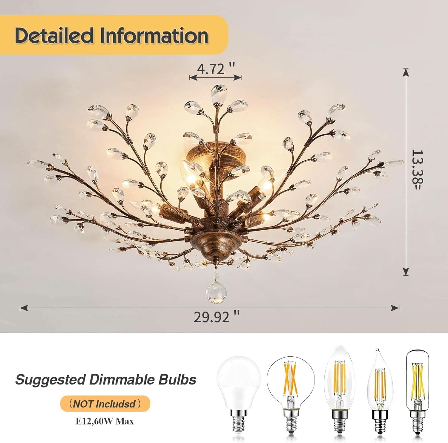 Bronze Five Light Vintage Crystal Chandelier Dimmable