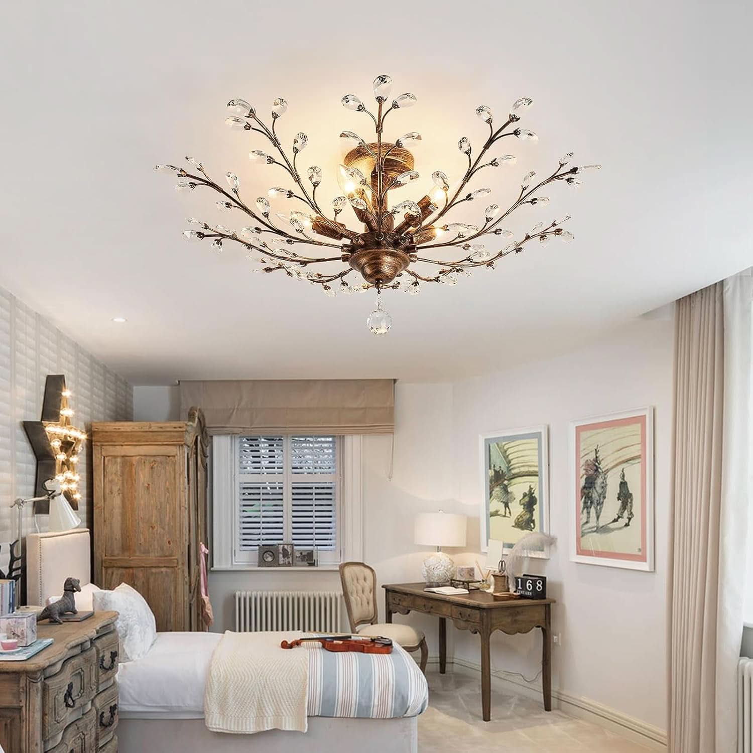 Bronze Five Light Vintage Crystal Chandelier Dimmable