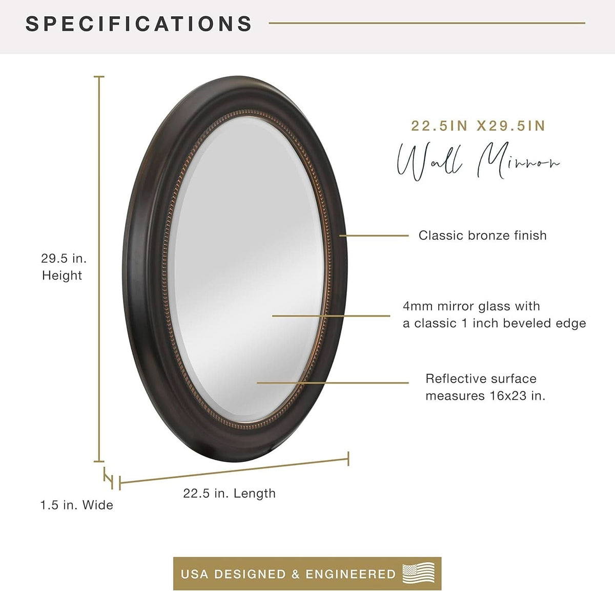 Bronze Oval Wall Mirror 22.5 By 29.5 Inches With Beaded Inner Edge Vertical Or Horizontal Mount