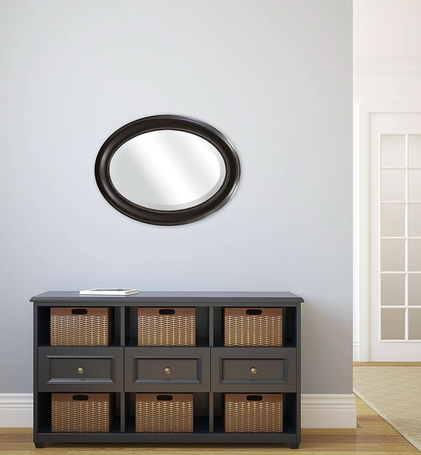 Bronze Oval Wall Mirror 22.5 By 29.5 Inches With Beaded Inner Edge Vertical Or Horizontal Mount