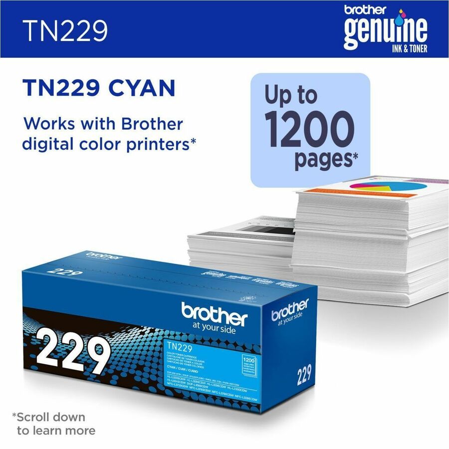 Brother Genuine TN229C Standard Yield Cyan Toner Cartridge - Laser - Cyan - Standard Yield