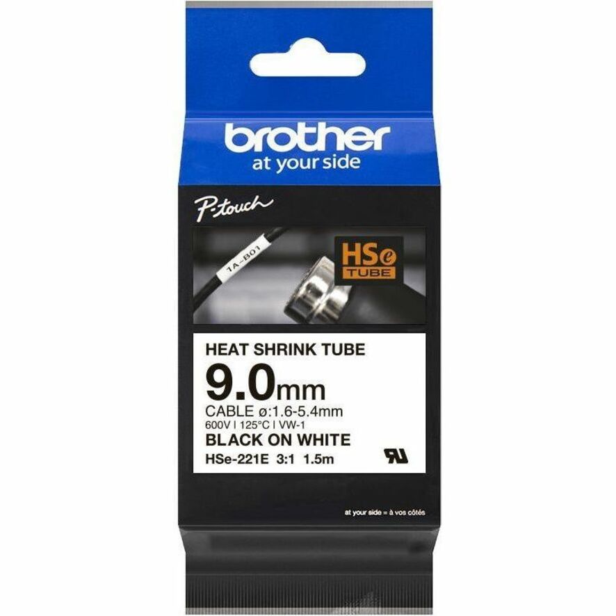 Brother HSe-221E Heat Shrink Tube Tape Cassette - Black on White, 9.0mm wide - 23/64"
