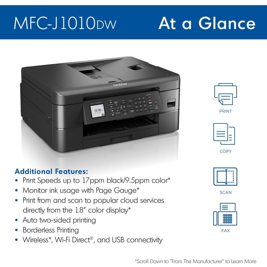 Brother Mfc Mfc-J1010Dw Inkjet Multifunction Printer-Color-Copier/Fax/Scanner-17 Ppm Mono/9.5 Ppm Color Print-6000X1200 Dpi Print-Automatic Duplex Print-150 Sheets Input-Color Flatbed Scanner-1200 Dpi Optical Scan-Color Fax-Wireless Lan MFCJ1010dw