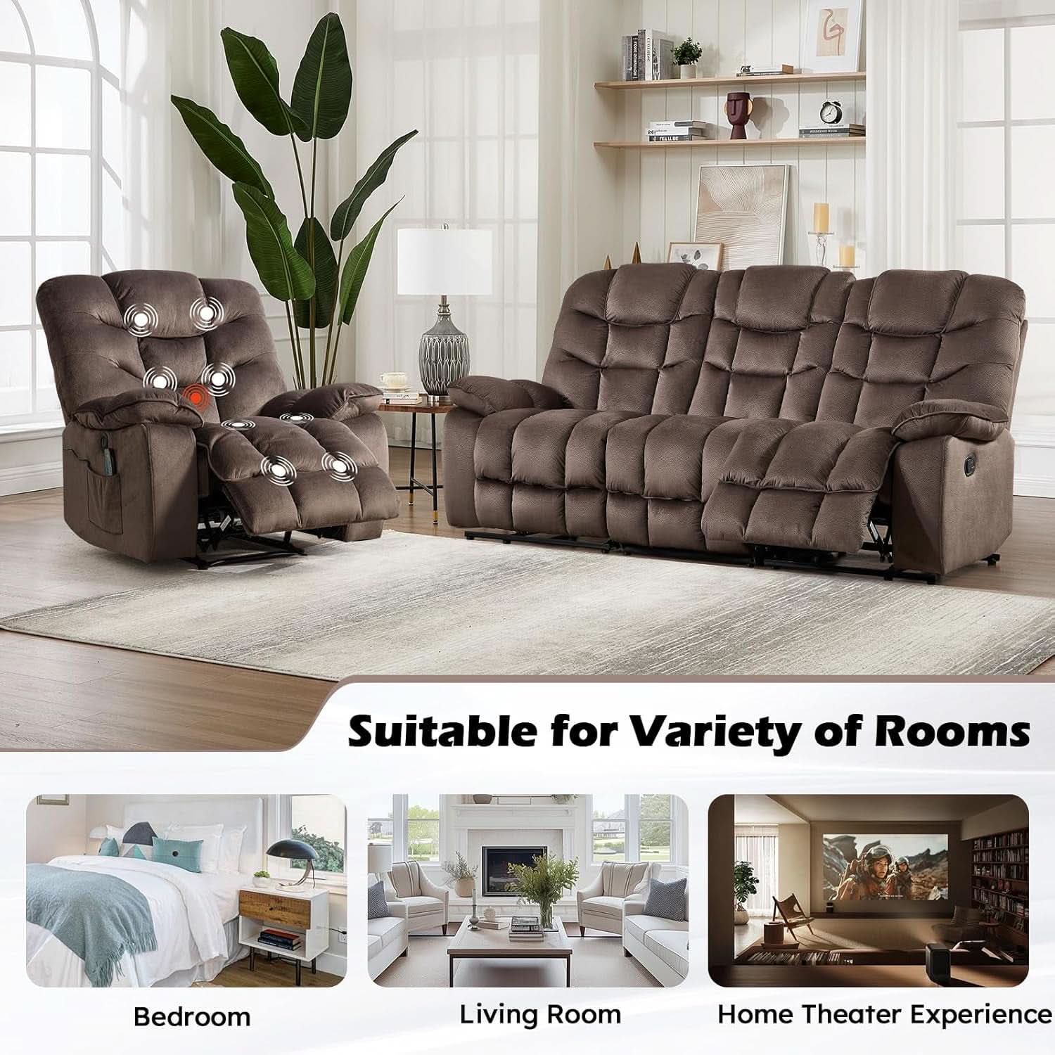 Brown 2 Piece Power Recliner Set With Massage And Heat