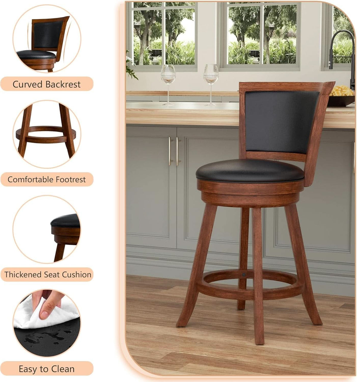 Brown 24 Inch Counter Height Swivel Bar Stools Set Of 2