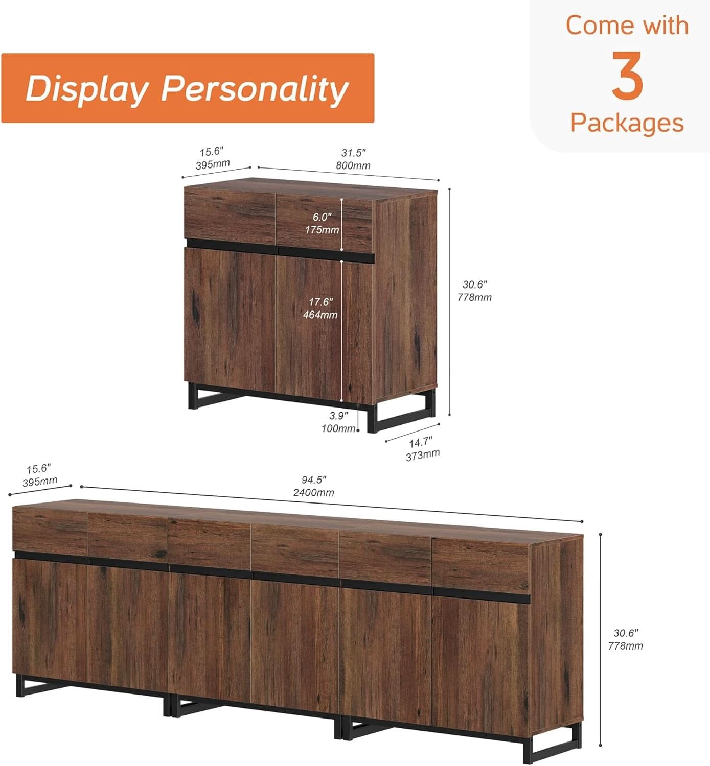 Brown 3 In 1 TV Stand For 100 Inch TV Adjustable Shelves Metal Base