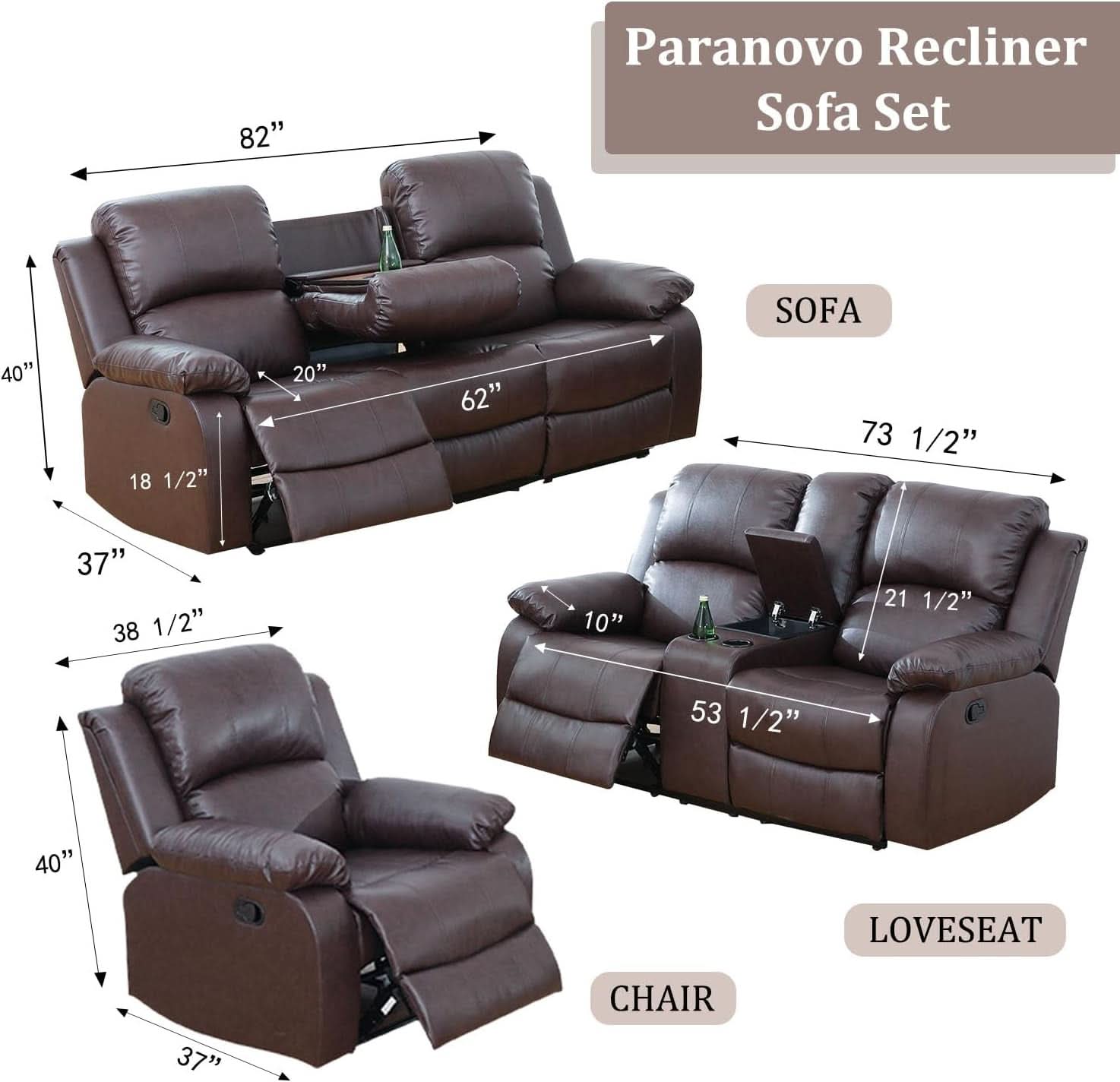 Brown 3 Piece Vegan Leather Recliner Sofa Set Cupholders