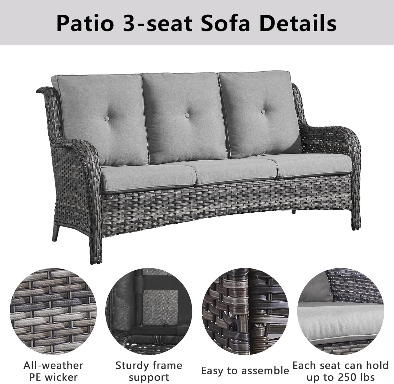 Brown 3 Seater Rattan Sofa Patio Set With Washable Cushions